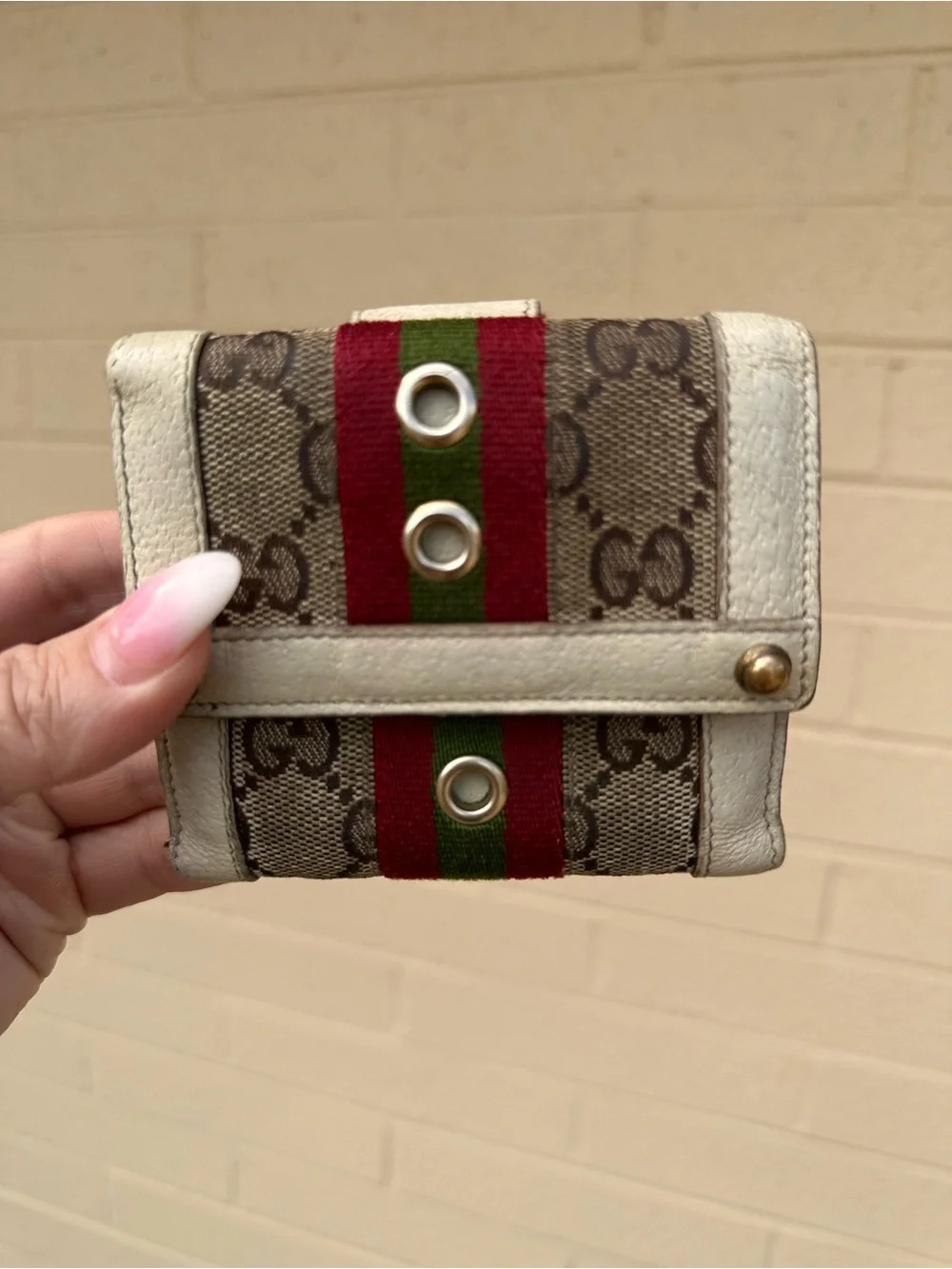 Gucci Small Monogram Canvas Wallet with Red and Green Stripe